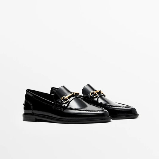 Metal Buckle Women French Fashionable Genuine Leather Shoes- W1UK7386