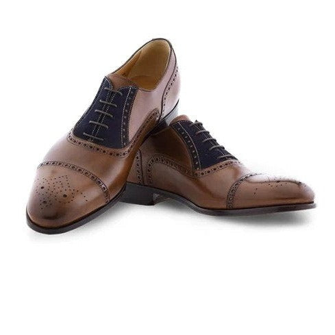 Half Brogue Cap Toe Broen antique & Blue Suede Shoes-13908